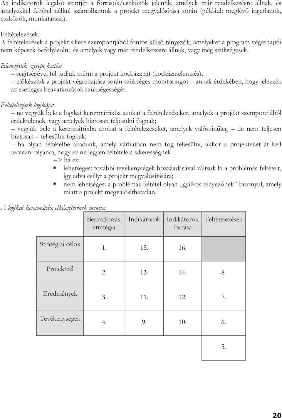 Feltételezések: A feltételezések a projekt sikere szempontjából fontos külső tényezők, amelyeket a program végrehajtói nem képesek befolyásolni, és amelyek vagy már rendelkezésre állnak, vagy még