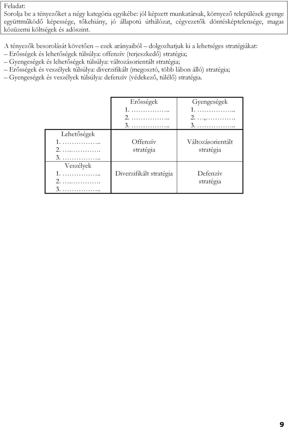 A tényezők besorolását követően ezek arányaiból dolgozhatjuk ki a lehetséges stratégiákat: Erősségek és lehetőségek túlsúlya: offenzív (terjeszkedő) stratégia; Gyengeségek és lehetőségek túlsúlya: