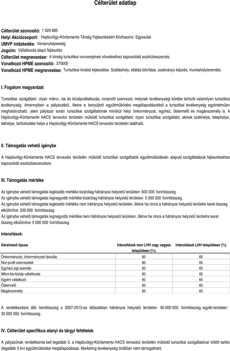 fejlesztése. Szálláshely, ellátás bővításe, szakirányú képzés, munkahelyteremtés. I.