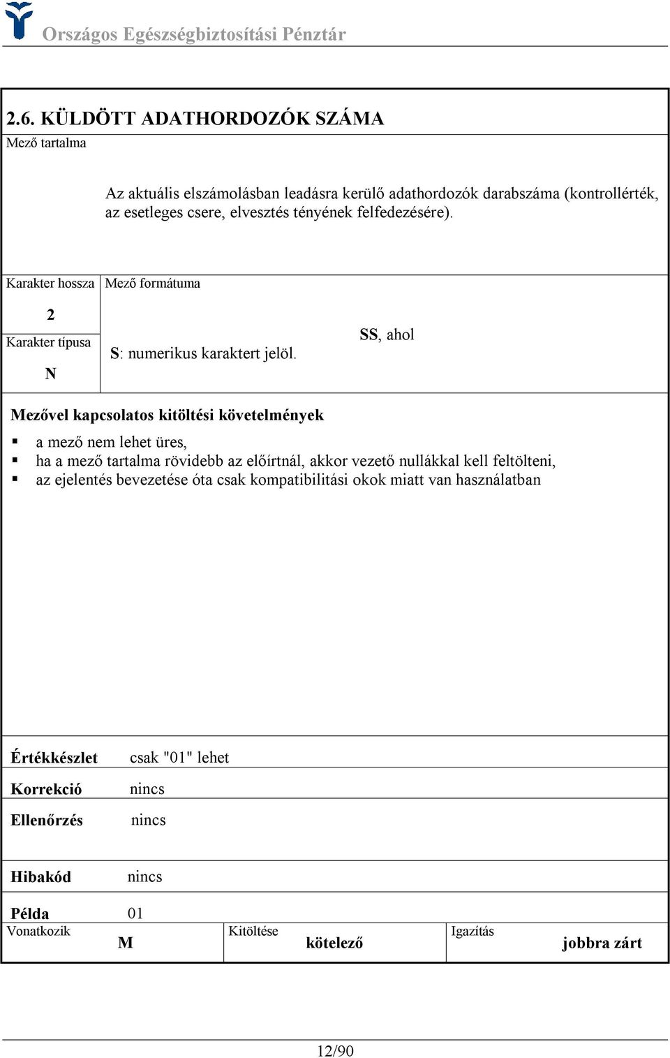 SS, ahol a mező nem lehet üres, ha a mező tartalma rövidebb az előírtnál, akkor vezető nullákkal kell feltölteni, az