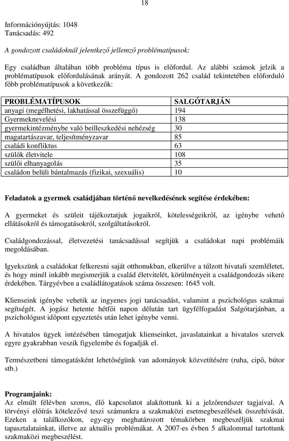 A gondozott 262 család tekintetében elıforduló fıbb problématípusok a következık: PROBLÉMATÍPUSOK SALGÓTARJÁN anyagi (megélhetési, lakhatással összefüggı) 194 Gyermeknevelési 138 gyermekintézménybe