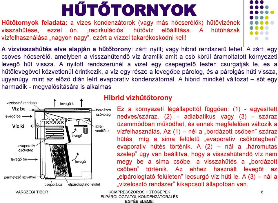 A zárt: egy csöves hőcserélő, amelyben a visszahűtendő víz áramlik amit a cső körül áramoltatott környezeti levegő hűt vissza.