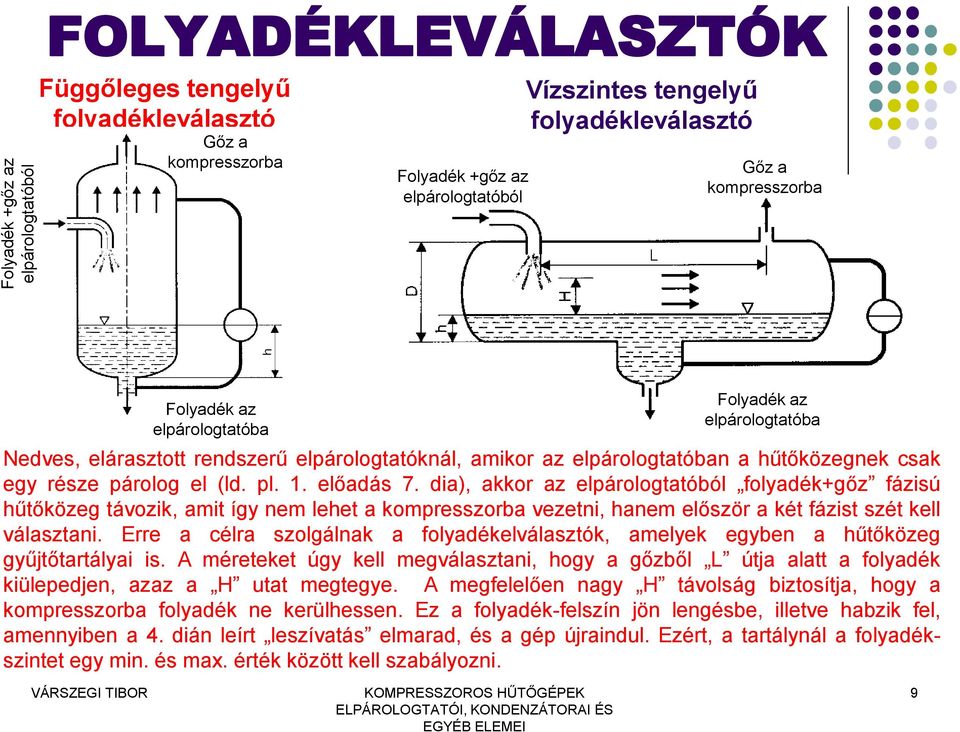 előadás 7. dia), akkor az elpárologtatóból folyadék+gőz fázisú hűtőközeg távozik, amit így nem lehet a kompresszorba vezetni, hanem először a két fázist szét kell választani.