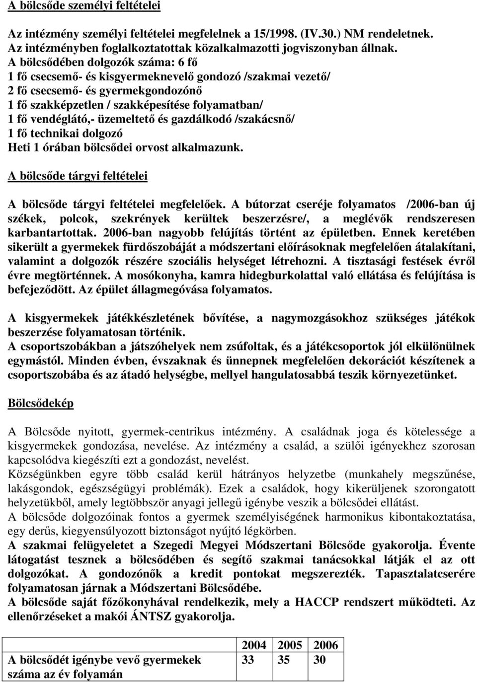 üzemeltető és gazdálkodó /szakácsnő/ 1 fő technikai dolgozó Heti 1 órában bölcsődei orvost alkalmazunk. A bölcsőde tárgyi feltételei A bölcsőde tárgyi feltételei megfelelőek.