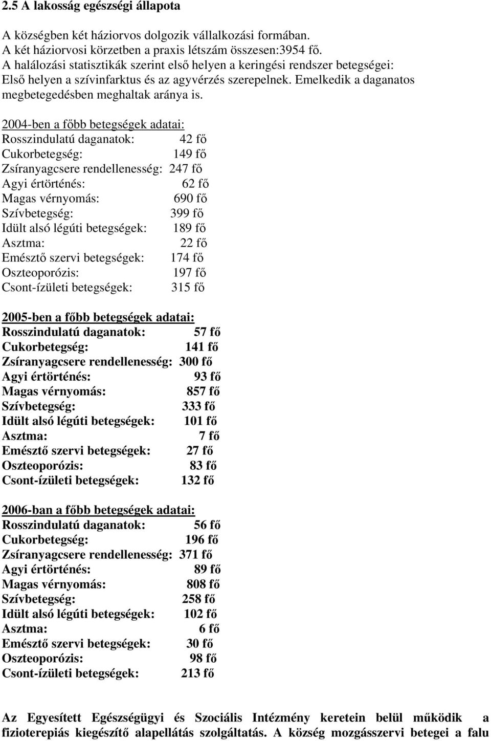 2004-ben a főbb betegségek adatai: Rosszindulatú daganatok: 42 fő Cukorbetegség: 149 fő Zsíranyagcsere rendellenesség: 247 fő Agyi értörténés: 62 fő Magas vérnyomás: 690 fő Szívbetegség: 399 fő Idült