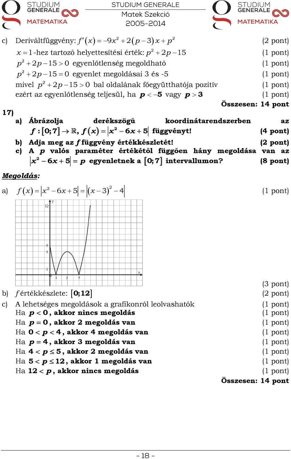 ( pont) c) A p valós paraméter értékétől függően hány megoldása van az intervallumon?