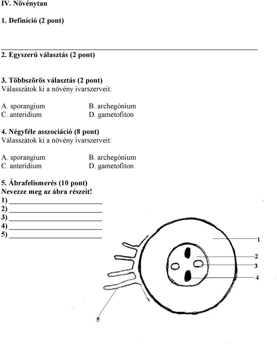 anteridium D. gametofiton 4. Négyféle asszociáció (8 pont) Válasszátok ki a növény ivarszerveit: A.