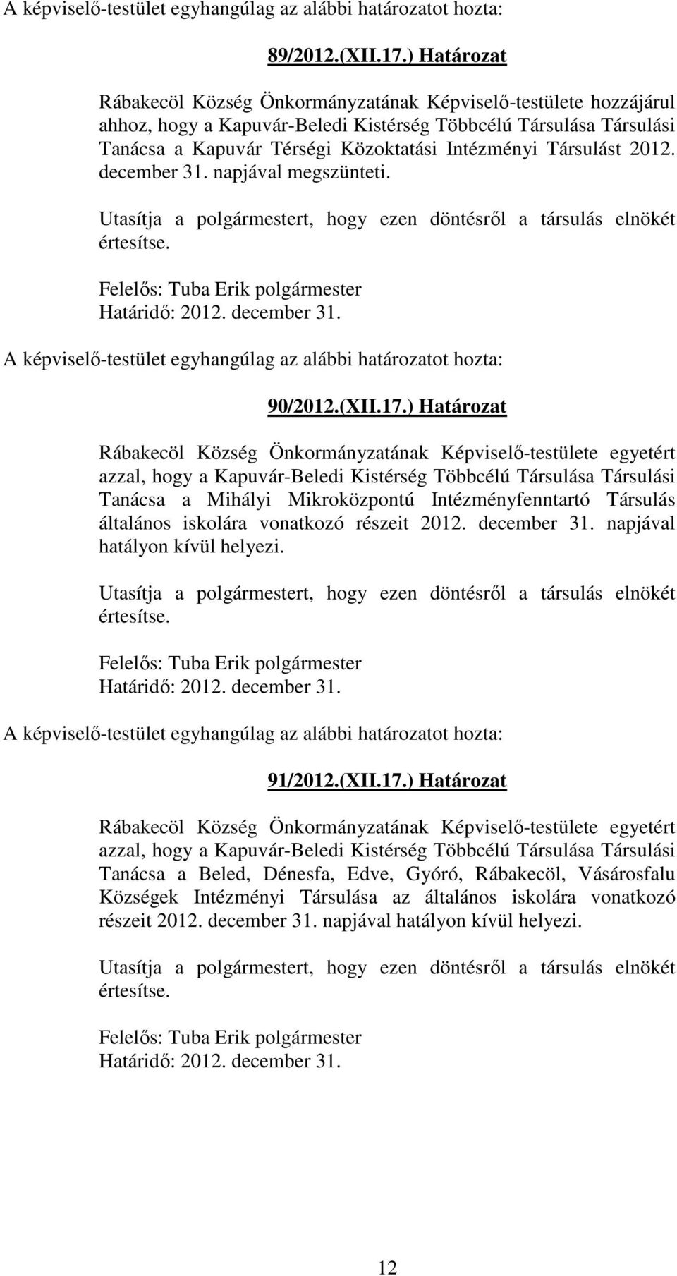 Társulást 2012. december 31. napjával megszünteti. Utasítja a polgármestert, hogy ezen döntésről a társulás elnökét értesítse. Felelős: Tuba Erik polgármester Határidő: 2012. december 31. A képviselő-testület egyhangúlag az alábbi határozatot hozta: 90/2012.