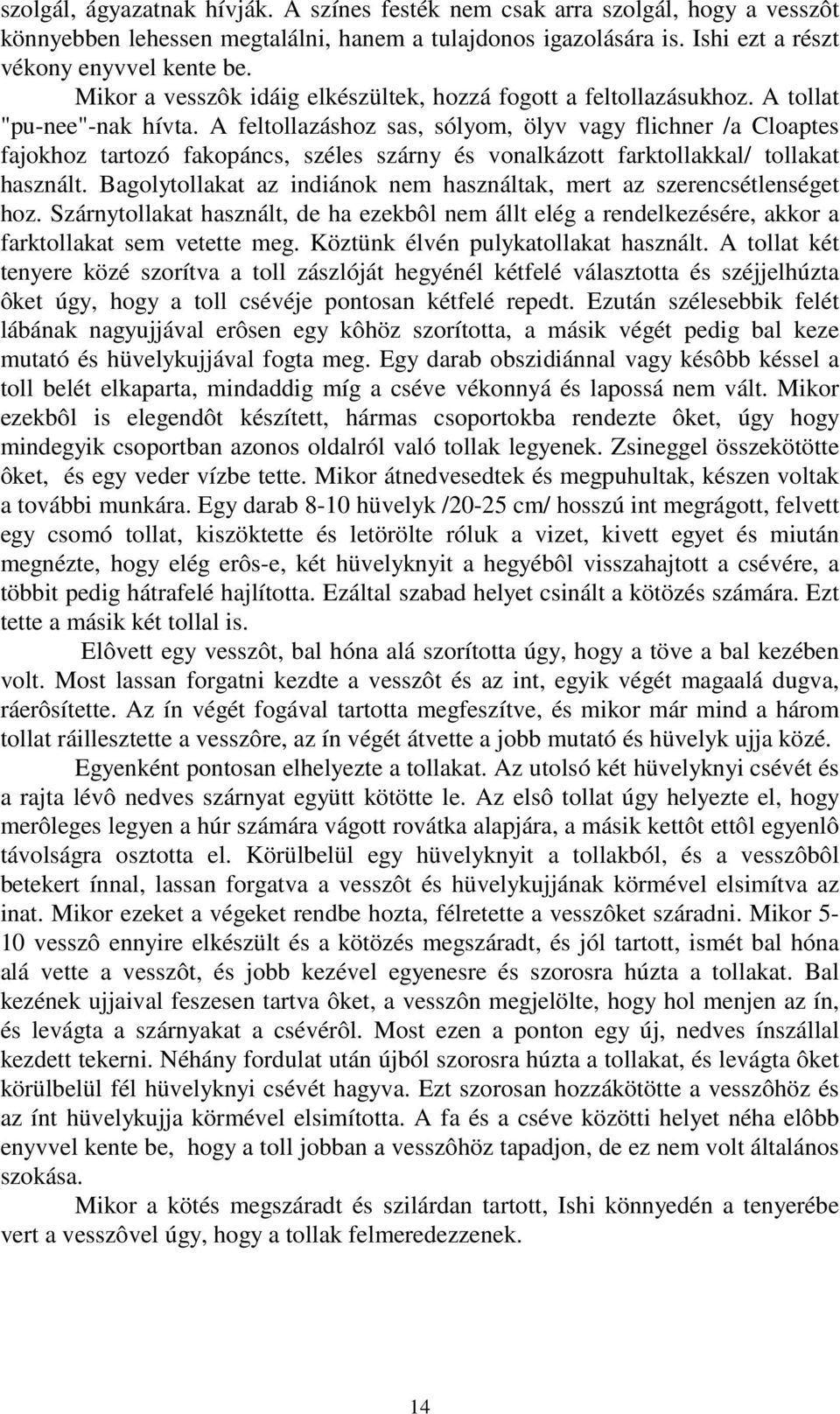 A feltollazáshoz sas, sólyom, ölyv vagy flichner /a Cloaptes fajokhoz tartozó fakopáncs, széles szárny és vonalkázott farktollakkal/ tollakat használt.