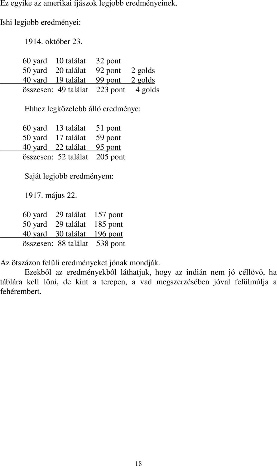 találat 51 pont 50 yard 17 találat 59 pont 40 yard 22 találat 95 pont összesen: 52 találat 205 pont Saját legjobb eredményem: 1917. május 22.