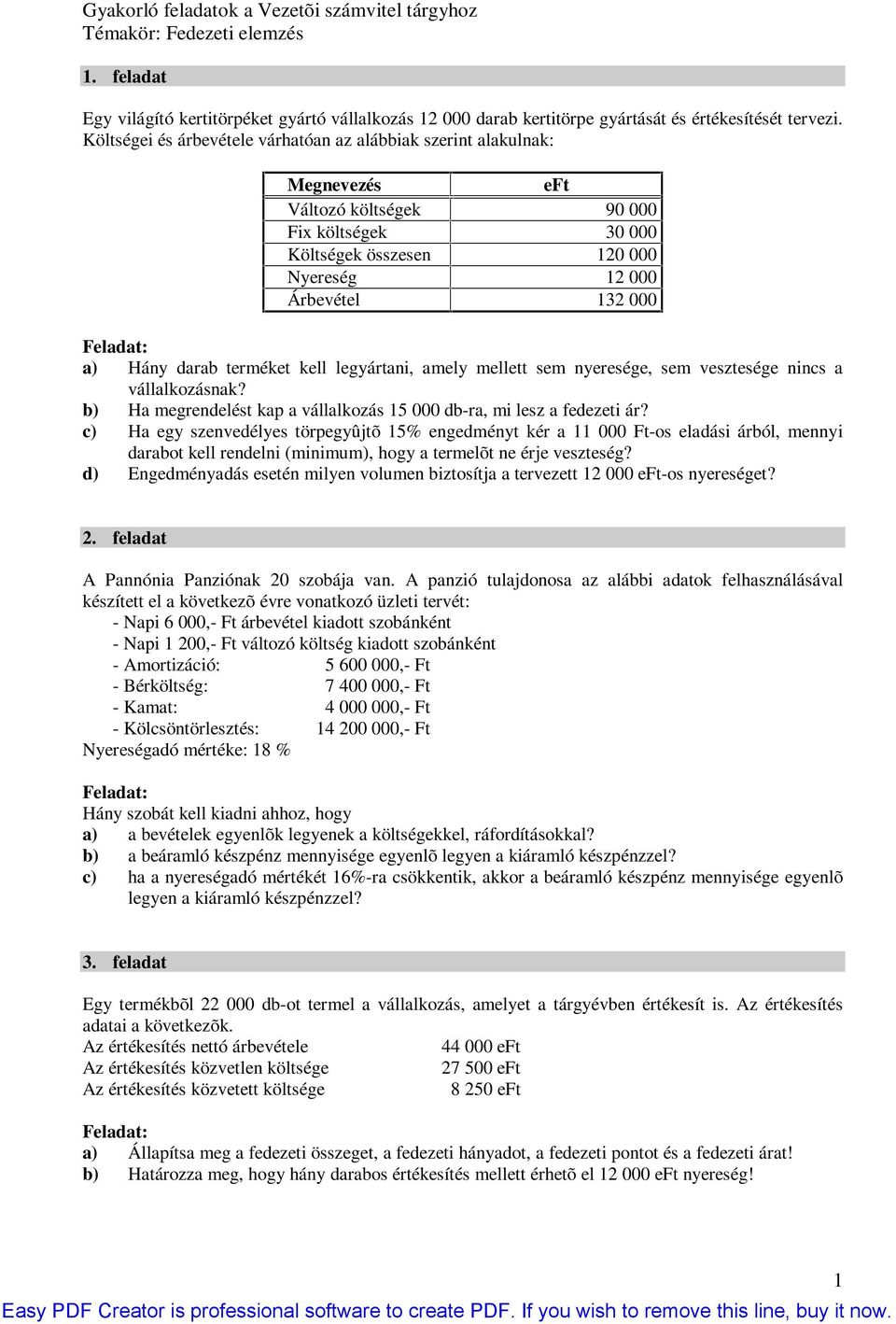 darab terméket kell legyártani, amely mellett sem nyeresége, sem vesztesége nincs a vállalkozásnak? b) Ha megrendelést kap a vállalkozás 15 000 db-ra, mi lesz a fedezeti ár?