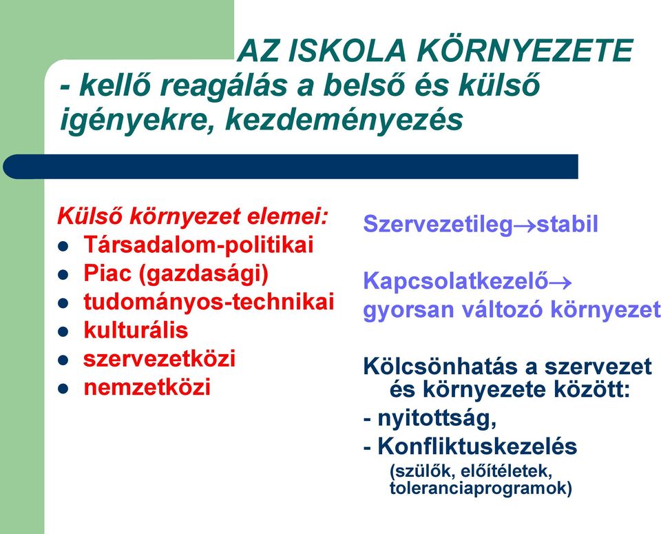 nemzetközi Szervezetileg stabil Kapcsolatkezelő gyorsan változó környezet Kölcsönhatás a