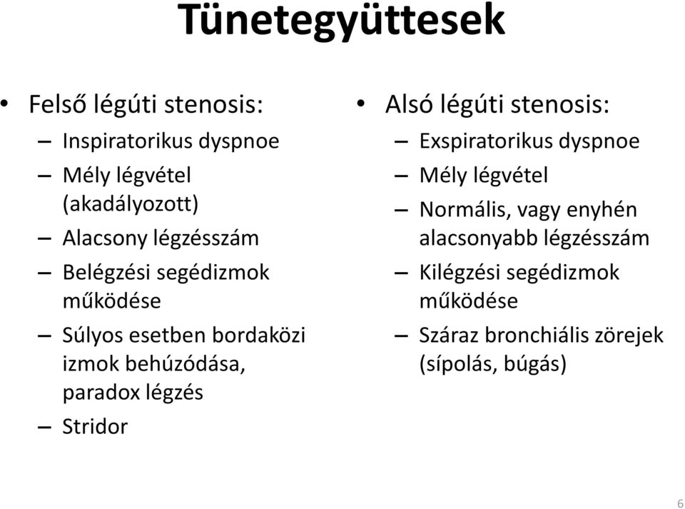 paradox légzés Stridor Alsó légúti stenosis: Exspiratorikus dyspnoe Mély légvétel Normális, vagy