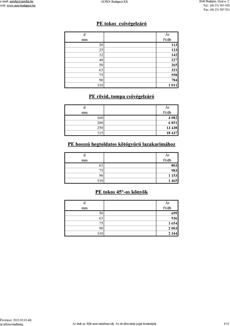 PE tokos csővégelzáró 20 113 25 123 32 142 40 227 50 265 63 321 75 558 90 784 110 1 011 PE rövi, tompa csővégelzáró