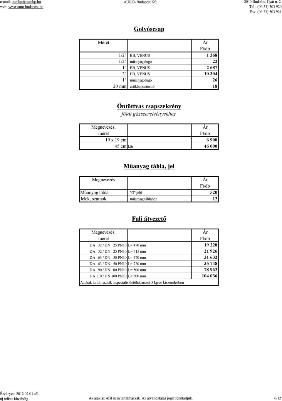 Golyóscsap Méret 1/2" BB, VENUS 1 368 1/2" műanyag ugó 22 1" BB, VENUS 2 687 2" BB, VENUS 10 304 1" műanyag ugó 26 20 csőközpontosító 18 Öntöttvas csapszekrény föli gázszerelvényekhez méret