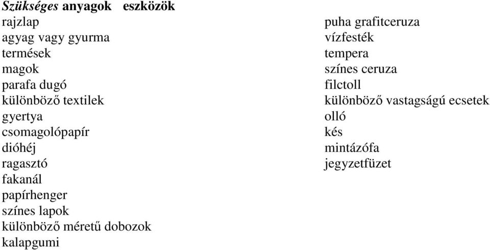 különbözı vastagságú ecsetek gyertya olló csomagolópapír kés dióhéj mintázófa