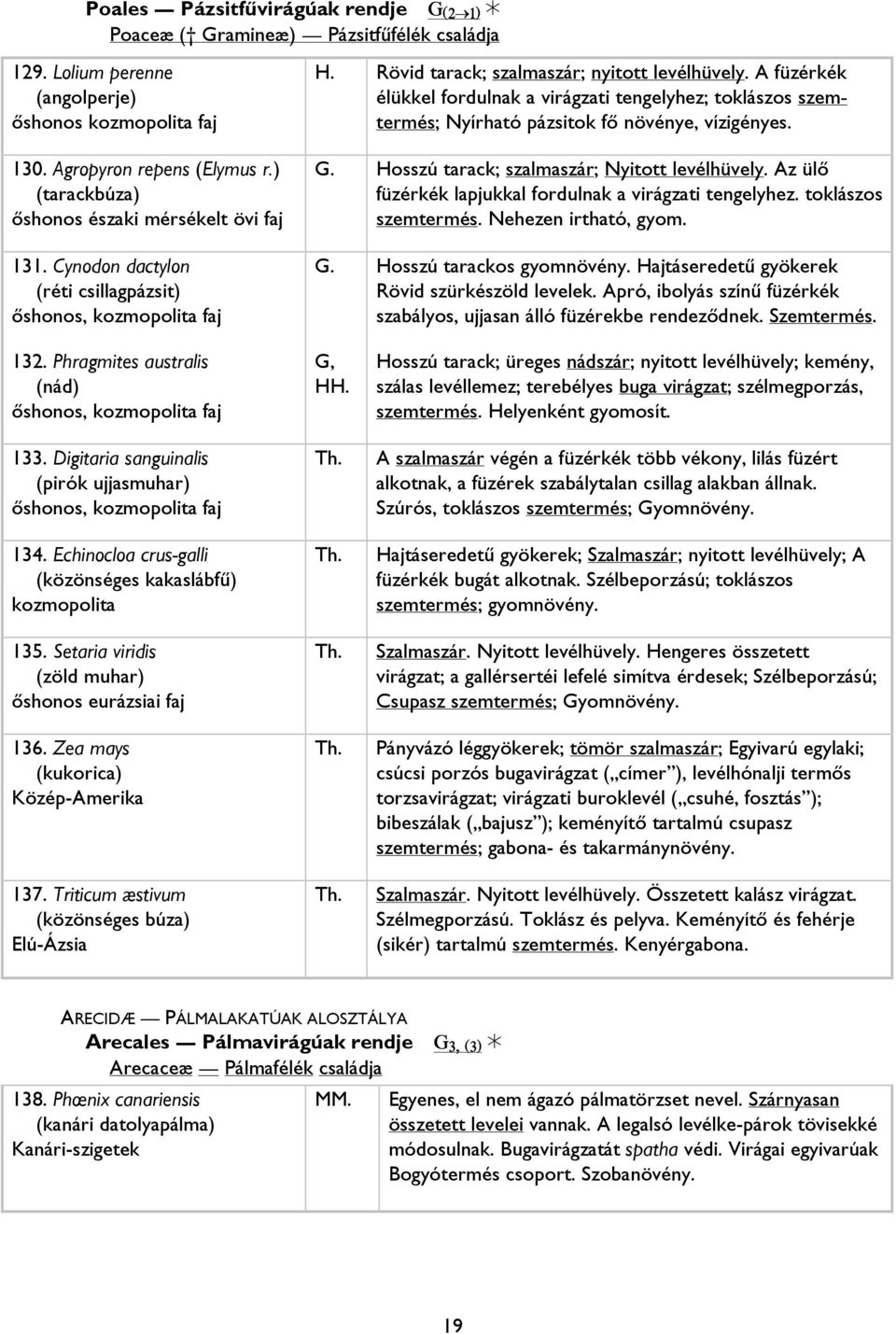 A füzérkék élükkel fordulnak a virágzati tengelyhez; toklászos szemtermés; Nyírható pázsitok fő növénye, vízigényes. G. Hosszú tarack; szalmaszár; Nyitott levélhüvely.