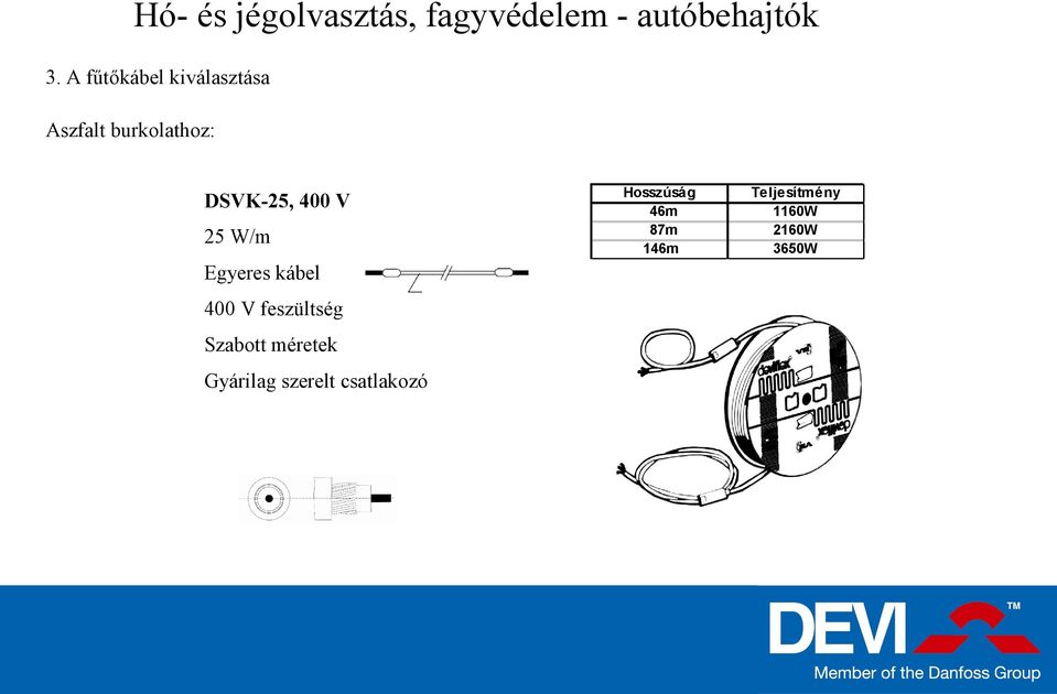 25 W/m Egyeres kábel 400 V feszültség Szabott méretek