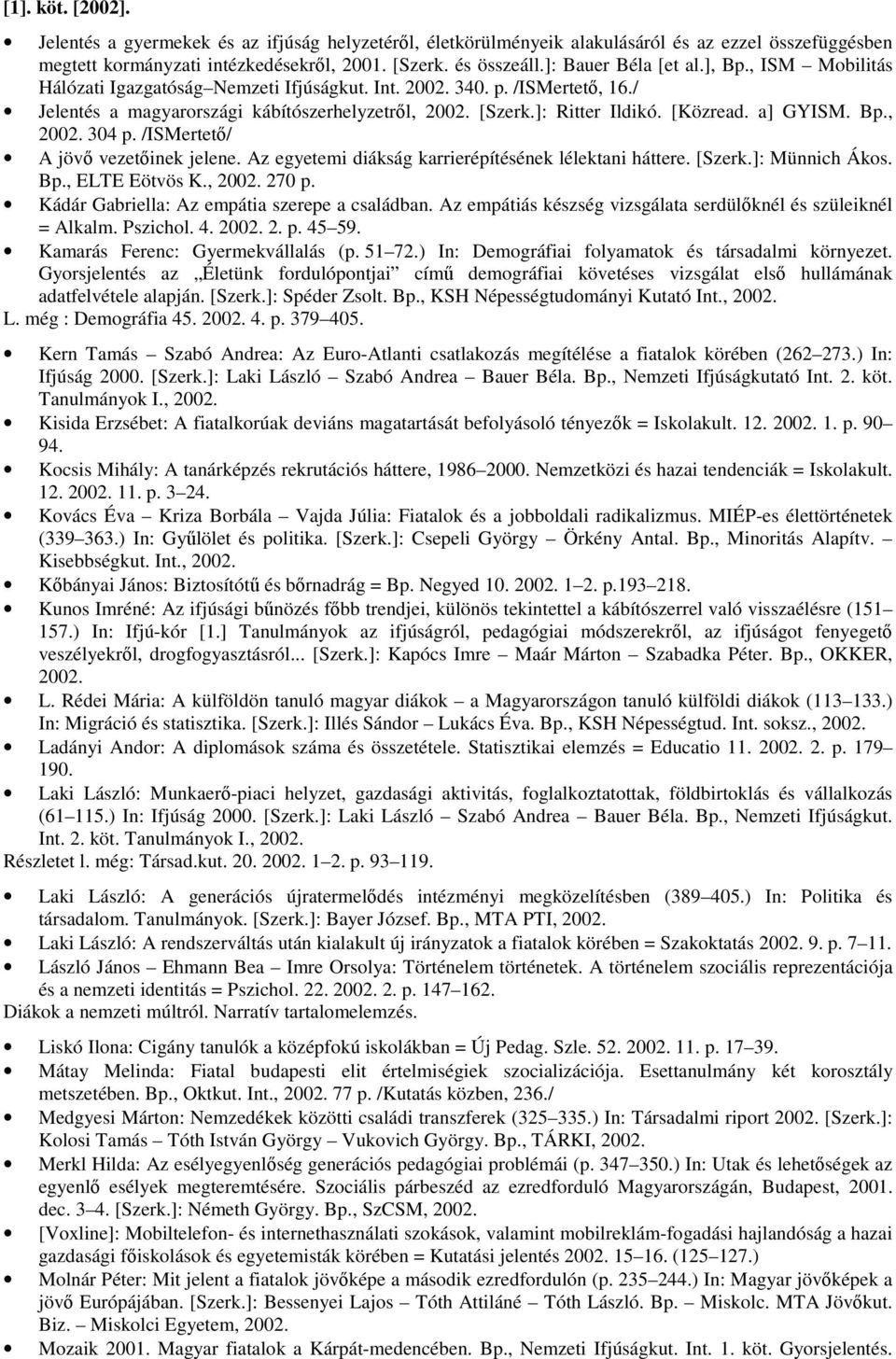 [Közread. a] GYISM. Bp., 2002. 304 p. /ISMertető/ A jövő vezetőinek jelene. Az egyetemi diákság karrierépítésének lélektani háttere. [Szerk.]: Münnich Ákos. Bp., ELTE Eötvös K., 2002. 270 p.