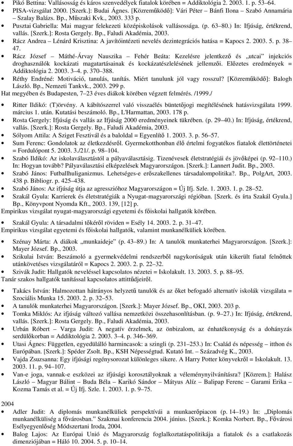 ) In: Ifjúság, értékrend, vallás. [Szerk.]: Rosta Gergely. Bp., Faludi Akadémia, 2003. Rácz Andrea Lénárd Krisztina: A javítóintézeti nevelés dezintegrációs hatása = Kapocs 2. 2003. 5. p. 38 47.