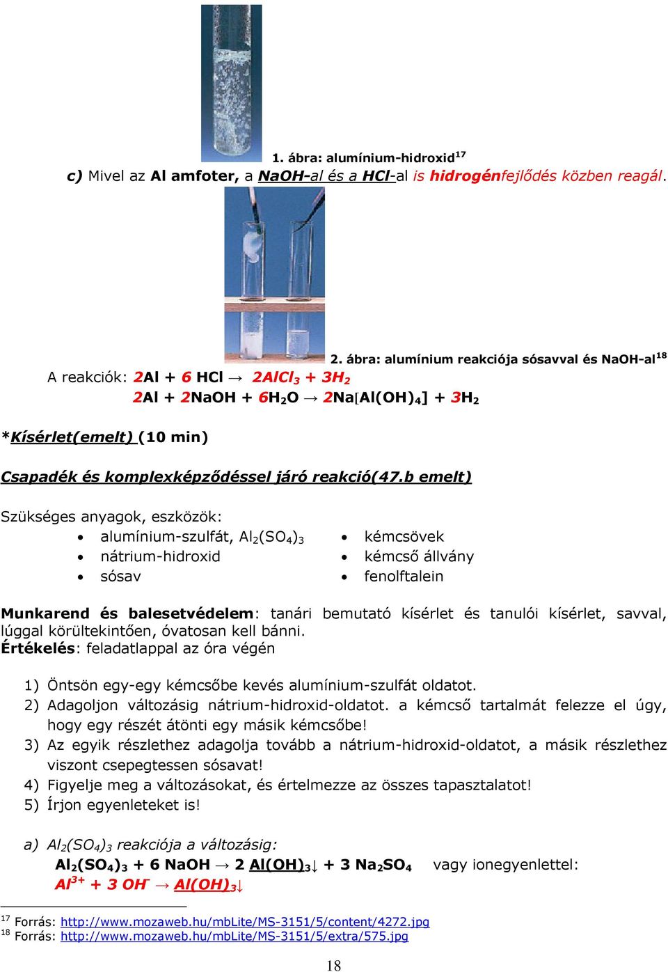 b emelt) Szükséges anyagok, eszközök: alumínium-szulfát, Al 2 (SO 4 ) 3 nátrium-hidroxid sósav kémcsövek kémcső állvány fenolftalein Munkarend és balesetvédelem: tanári bemutató kísérlet és tanulói