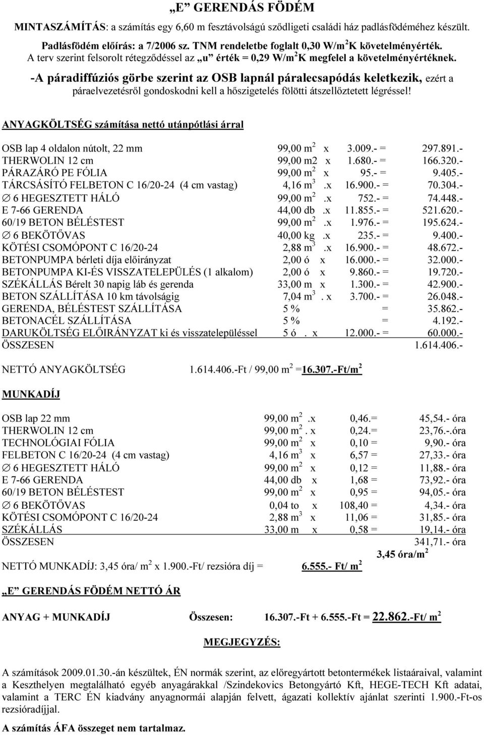 OSB lap 4 oldalon nútolt, 22 mm 99,00 m 2 x 3.009.- = 297.891.- THERWOLIN 12 cm 99,00 m2 x 1.680.- = 166.320.- PÁRAZÁRÓ PE FÓLIA 99,00 m 2 x 95.- = 9.405.