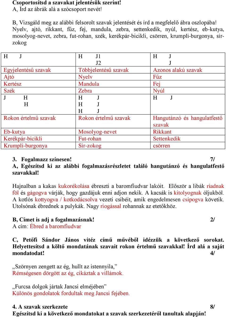 szavak Többjelentésű szavak Azonos alakú szavak Ajtó Nyelv Fűz Kertész Mandula Fej Szék Zebra Nyúl Rokon értelmű szavak Rokon értelmű szavak angutánzó és hangulatfestő szavak Eb-kutya Mosolyog-nevet