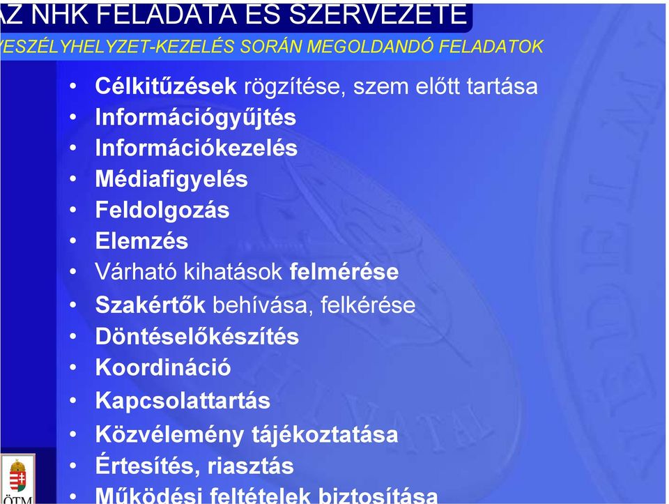 Médiafigyelés Feldolgozás Elemzés Várható kihatások felmérése Szakértők behívása,