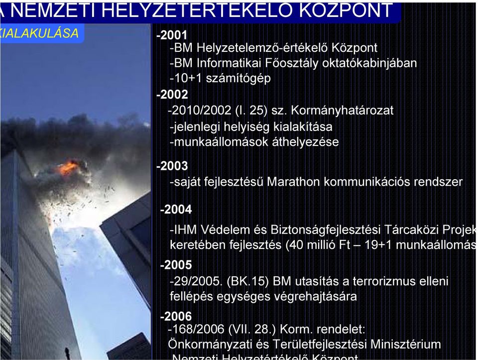 Kormányhatározat -jelenlegi helyiség kialakítása -munkaállomások áthelyezése -2003 -saját fejlesztésű Marathon kommunikációs rendszer -2004 -IHM