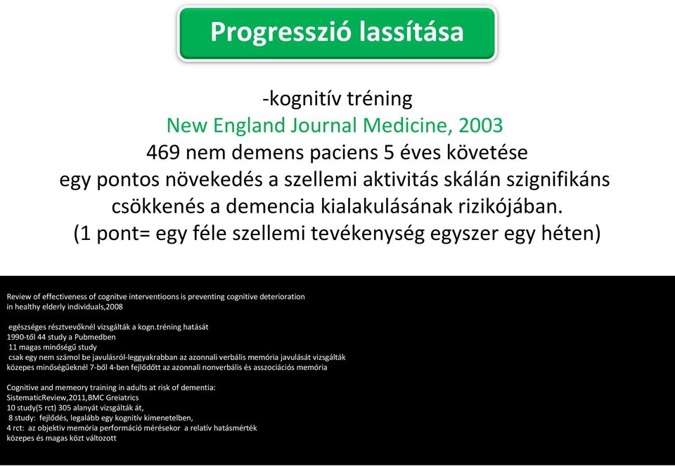 (1 pont= egy féle szellemi tevékenység egyszer egy héten) Review of effectiveness of cognitve interventioons is preventing cognitive deterioration in healthy elderly individuals,2008 egészséges