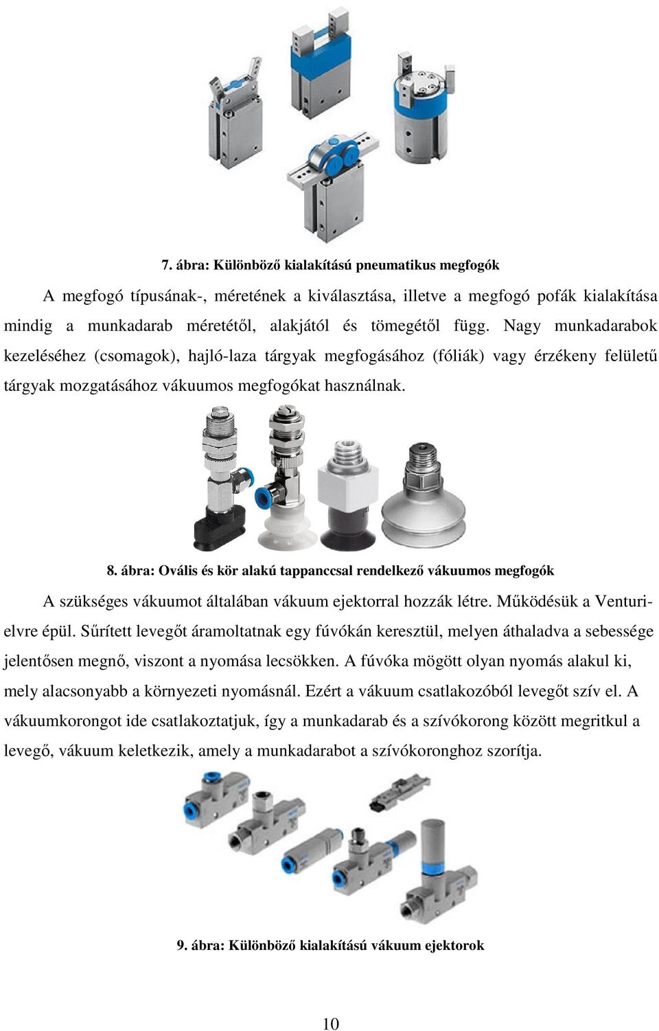 ábra: Ovális és kör alakú tappanccsal rendelkező vákuumos megfogók A szükséges vákuumot általában vákuum ejektorral hozzák létre. Működésük a Venturielvre épül.