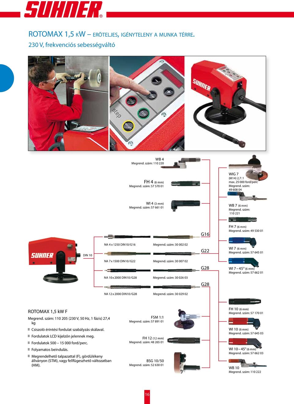 2000 DIN10/G28 30 026 03 G28 G28 WI 7 45 (6 mm) 57 662 01 NA 12 x 2000 DIN10/G28 30 029 02 ROTOMAX 1,5 kw F 110 205 (230 V, 50 Hz, 1 fázis) 27,4 kg Csiszoló érintési fordulat szabályzás skálaval.