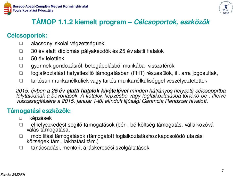 munkába visszatérők foglalkoztatást helyettesítő támogatásban (FHT) részesülők, ill. arra jogosultak, tartósan munkanélküliek vagy tartós munkanélküliséggel veszélyeztetettek 2015.