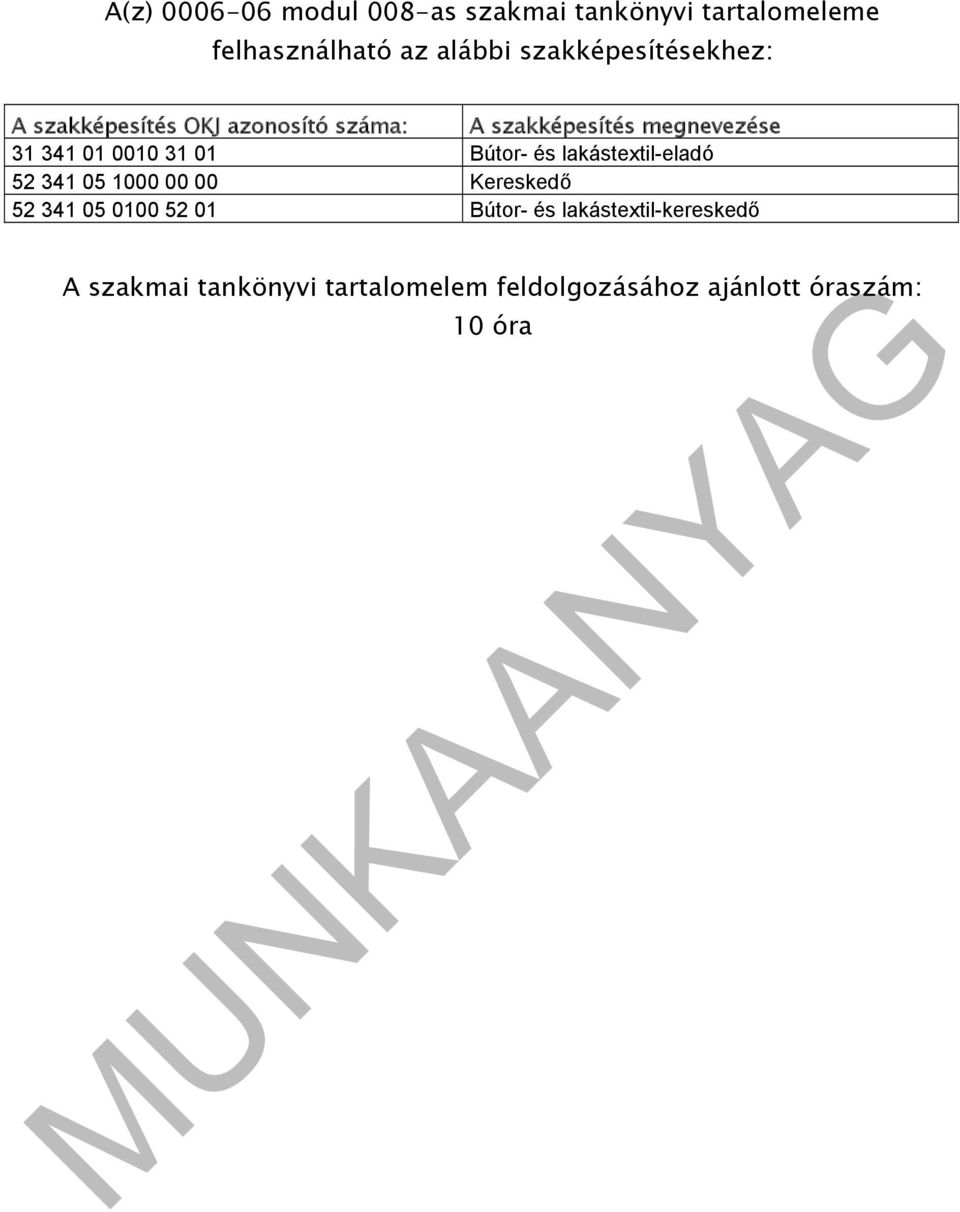 01 0010 31 01 Bútor- és lakástextil-eladó 52 341 05 1000 00 00 Kereskedő 52 341 05 0100 52 01