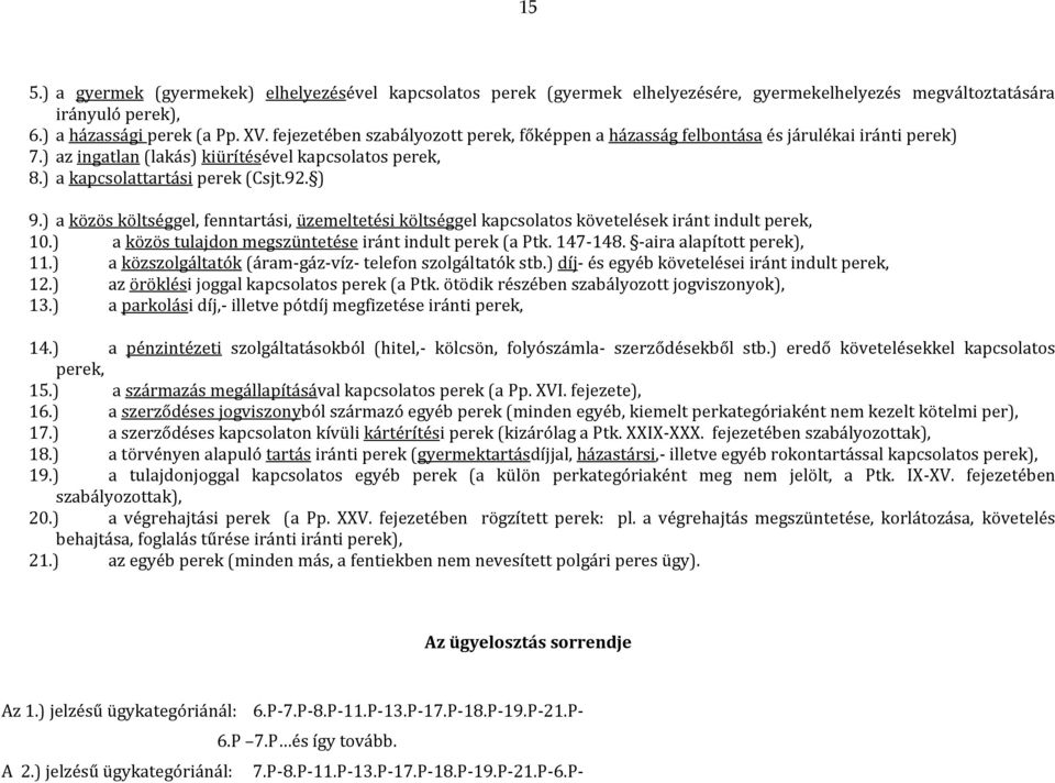 ) a közös költséggel, fenntartási, üzemeltetési költséggel kapcsolatos követelések iránt indult perek, 10.) a közös tulajdon megszüntetése iránt indult perek (a Ptk. 147-148.