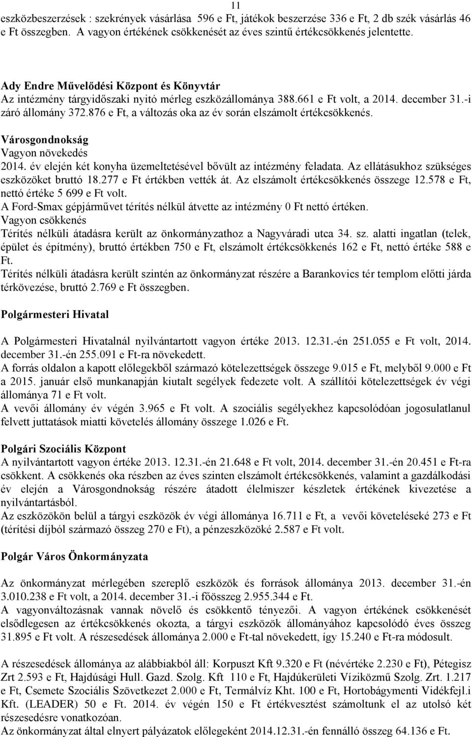 876 e Ft, a változás oka az év során elszámolt értékcsökkenés. Városgondnokság Vagyon növekedés 2014. év elején két konyha üzemeltetésével bővült az intézmény feladata.