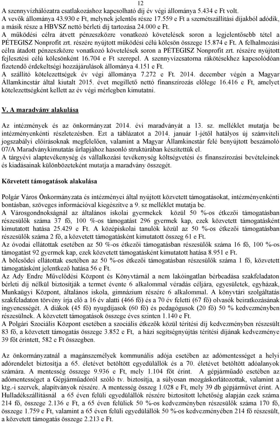 A működési célra átvett pénzeszközre vonatkozó követelések soron a legjelentősebb tétel a PÉTEGISZ Nonprofit zrt. részére nyújtott működési célú kölcsön összege 15.874 e Ft.