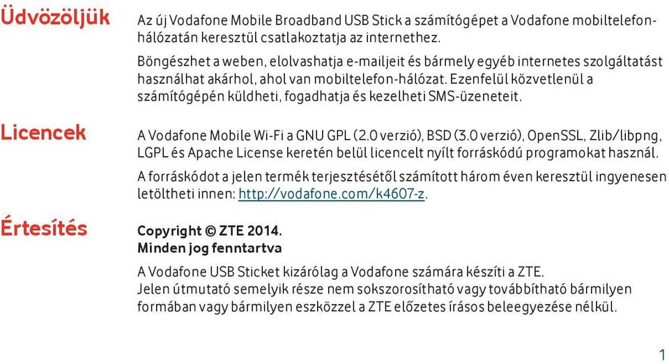 Ezenfelül közvetlenül a számítógépén küldheti, fogadhatja és kezelheti SMS-üzeneteit. A Vodafone Mobile Wi-Fi a GNU GPL (2.0 verzió), BSD (3.