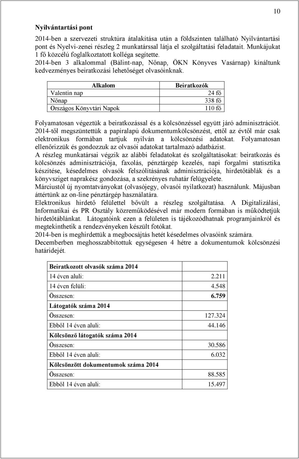 10 Alkalom Valentin nap Nőnap Országos Könyvtári Napok Beiratkozók 24 fő 338 fő 110 fő Folyamatosan végeztük a beiratkozással és a kölcsönzéssel együtt járó adminisztrációt.