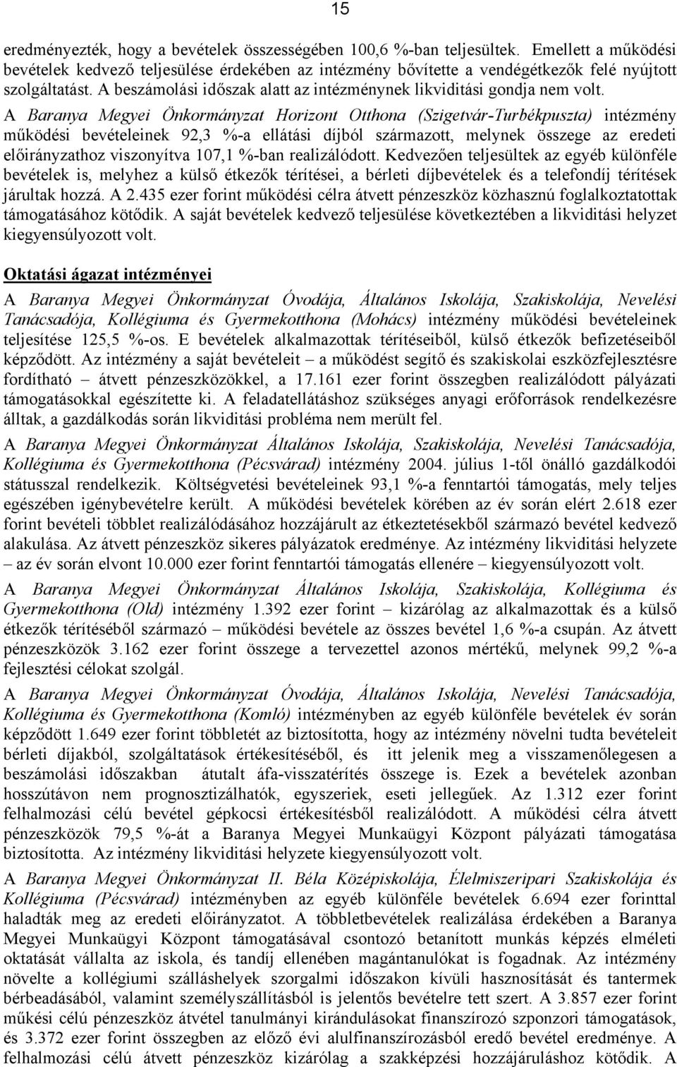 A Baranya Megyei Önkormányzat Horizont Otthona (Szigetvár-Turbékpuszta) intézmény működési bevételeinek 92,3 %-a ellátási díjból származott, melynek összege az eredeti hoz viszonyítva 107,1 %-ban