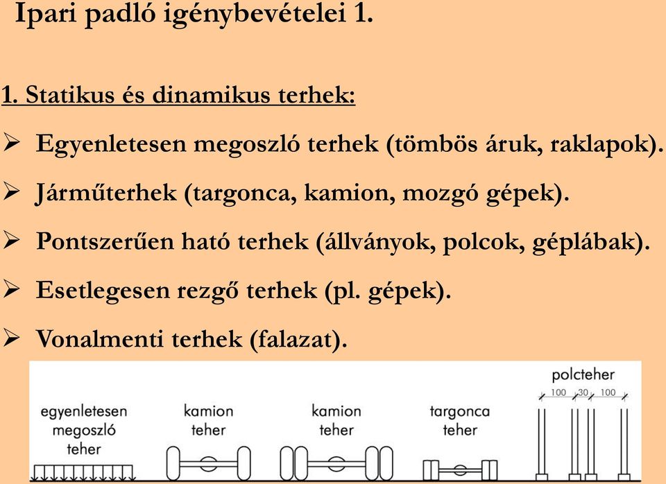 áruk, raklapok). Járműterhek (targonca, kamion, mozgó gépek).