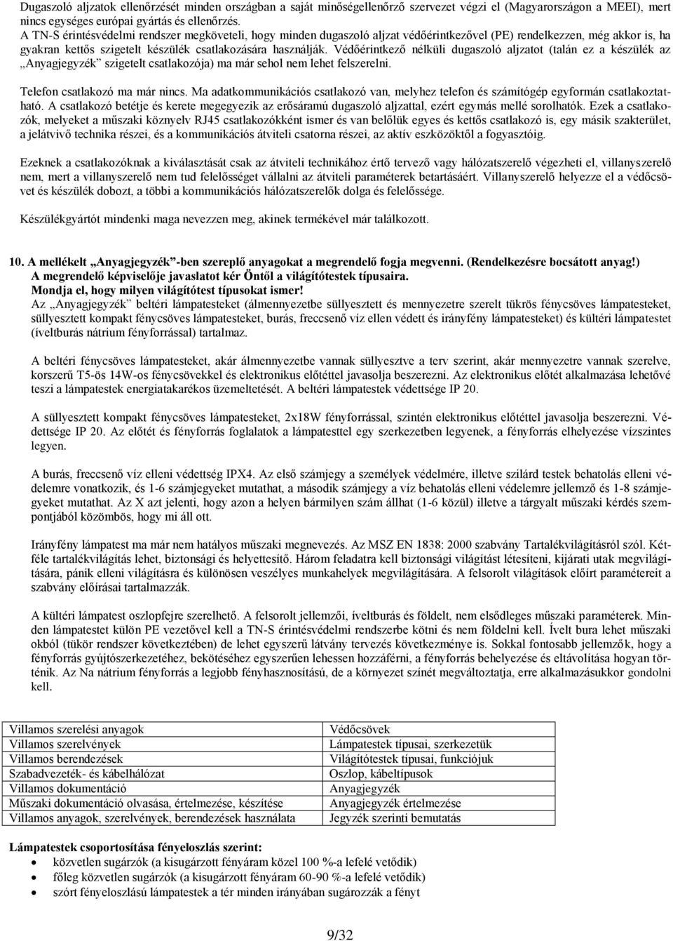 Védőérintkező nélküli dugaszoló aljzatot (talán ez a készülék az Anyagjegyzék szigetelt csatlakozója) ma már sehol nem lehet felszerelni. Telefon csatlakozó ma már nincs.