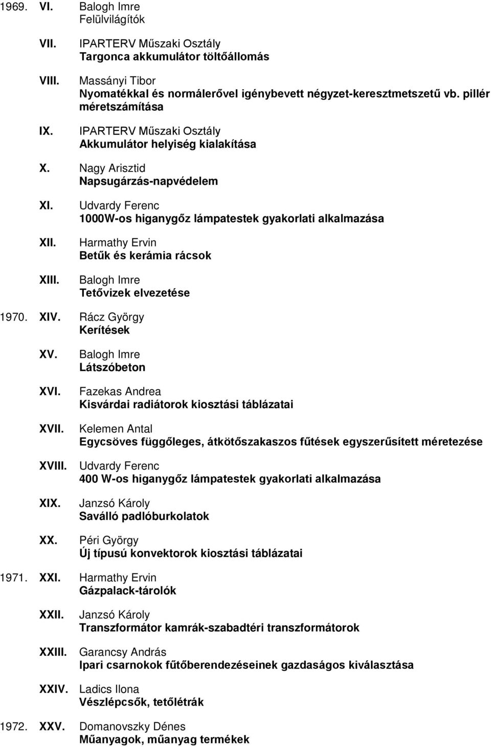 Udvardy Ferenc 1000W-os higanygőz lámpatestek gyakorlati alkalmazása Harmathy Ervin Betűk és kerámia rácsok Balogh Imre Tetővizek elvezetése 1970. XIV. Rácz György Kerítések XV. XVI. XVII. XVIII. XIX.