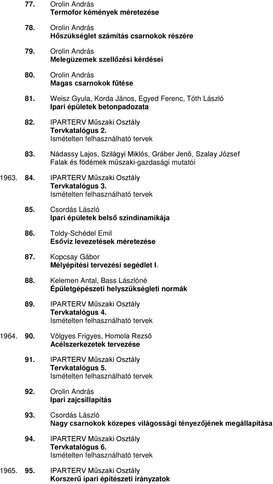 Nádassy Lajos, Szilágyi Miklós, Gráber Jenő, Szalay József Falak és födémek műszaki-gazdasági mutatói 1963. 84. Tervkatalógus 3. 85. Csordás László Ipari épületek belső szindinamikája 86.