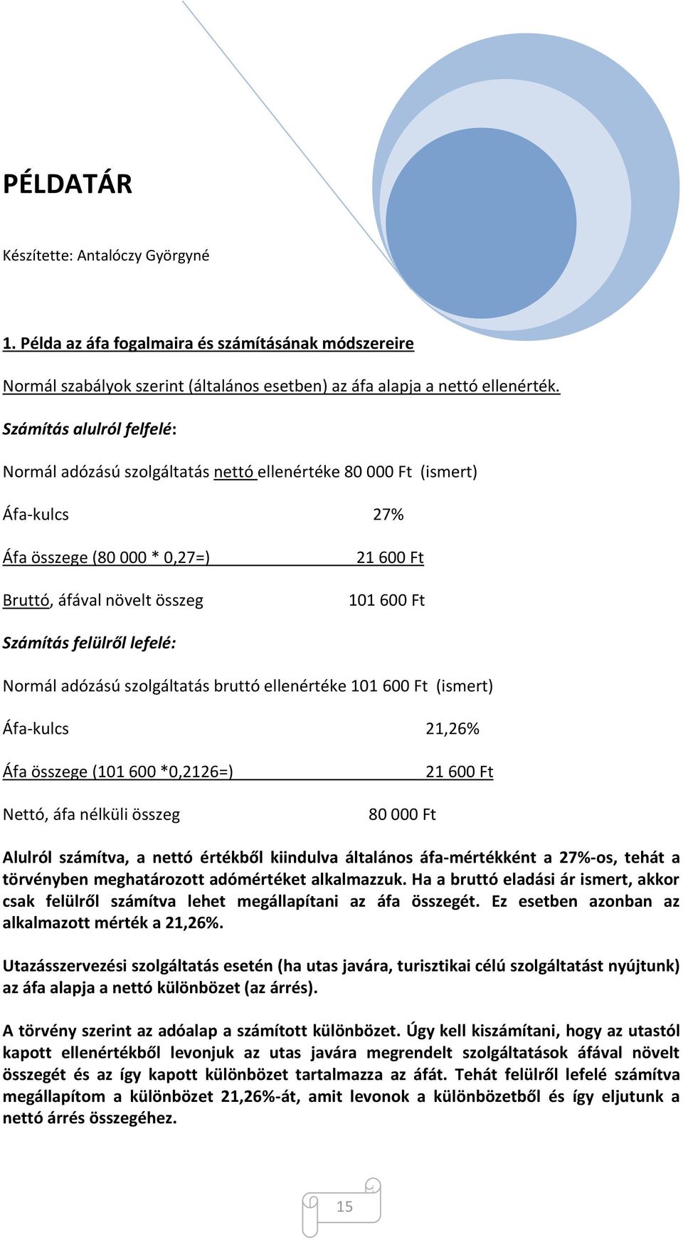 felülről lefelé: Normál adózású szolgáltatás bruttó ellenértéke 101 600 Ft (ismert) Áfa-kulcs 21,26% Áfa összege (101 600 *0,2126=) Nettó, áfa nélküli összeg 80 000 Ft 21 600 Ft Alulról számítva, a