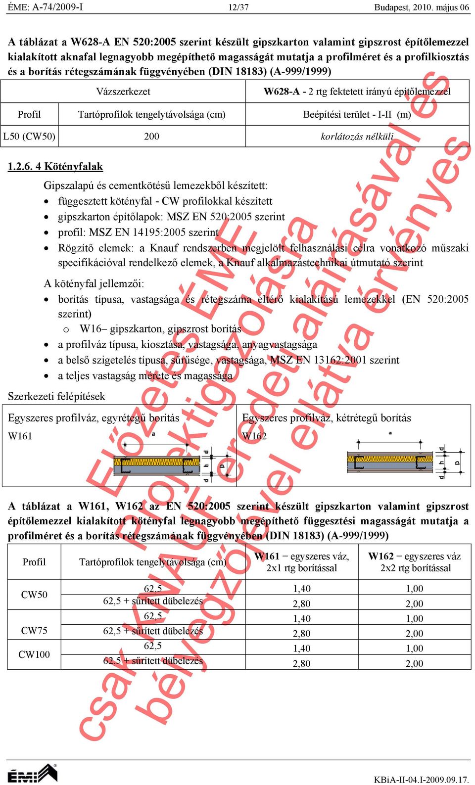 és a borítás rétegszámának függvényében (DIN 18183) (A-999/1999) Vázszerkezet W628-A - 2 rtg fektetett irányú építőlemezzel Profil Tartóprofilok tengelytávolsága (cm) Beépítési terület - I-II (m) L50