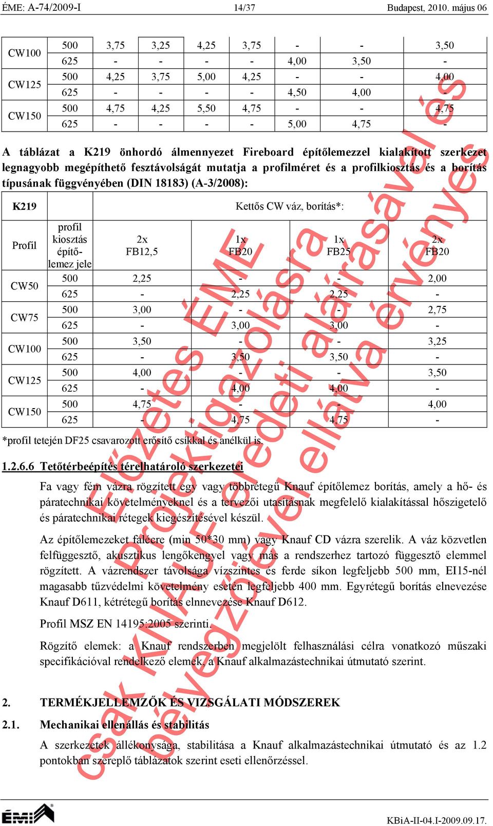 táblázat a K219 önhordó álmennyezet Fireboard építőlemezzel kialakított szerkezet legnagyobb megépíthető fesztávolságát mutatja a profilméret és a profilkiosztás és a borítás típusának függvényében