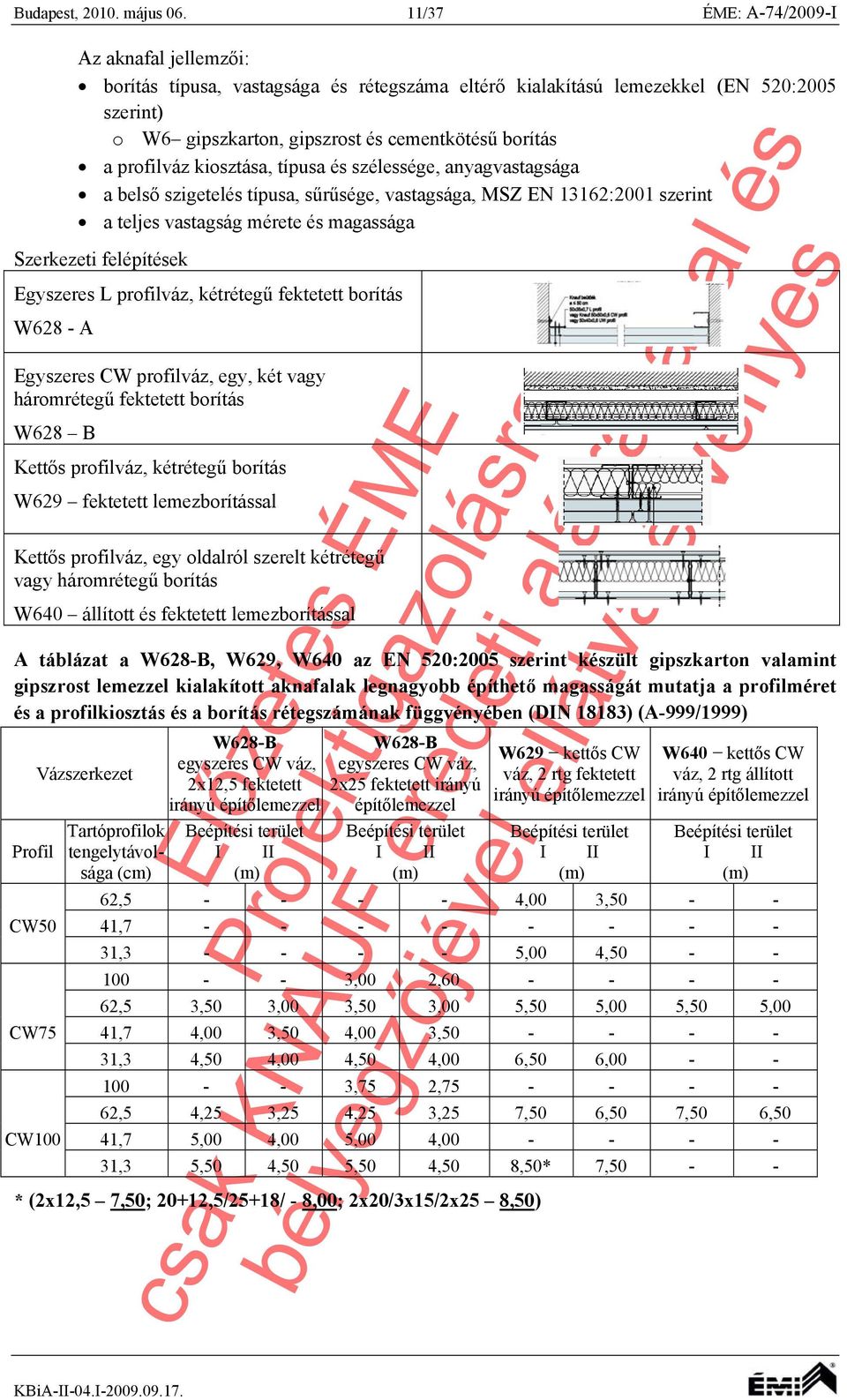 profilváz kiosztása, típusa és szélessége, anyagvastagsága a belső szigetelés típusa, sűrűsége, vastagsága, MSZ EN 13162:2001 szerint a teljes vastagság mérete és magassága Szerkezeti felépítések