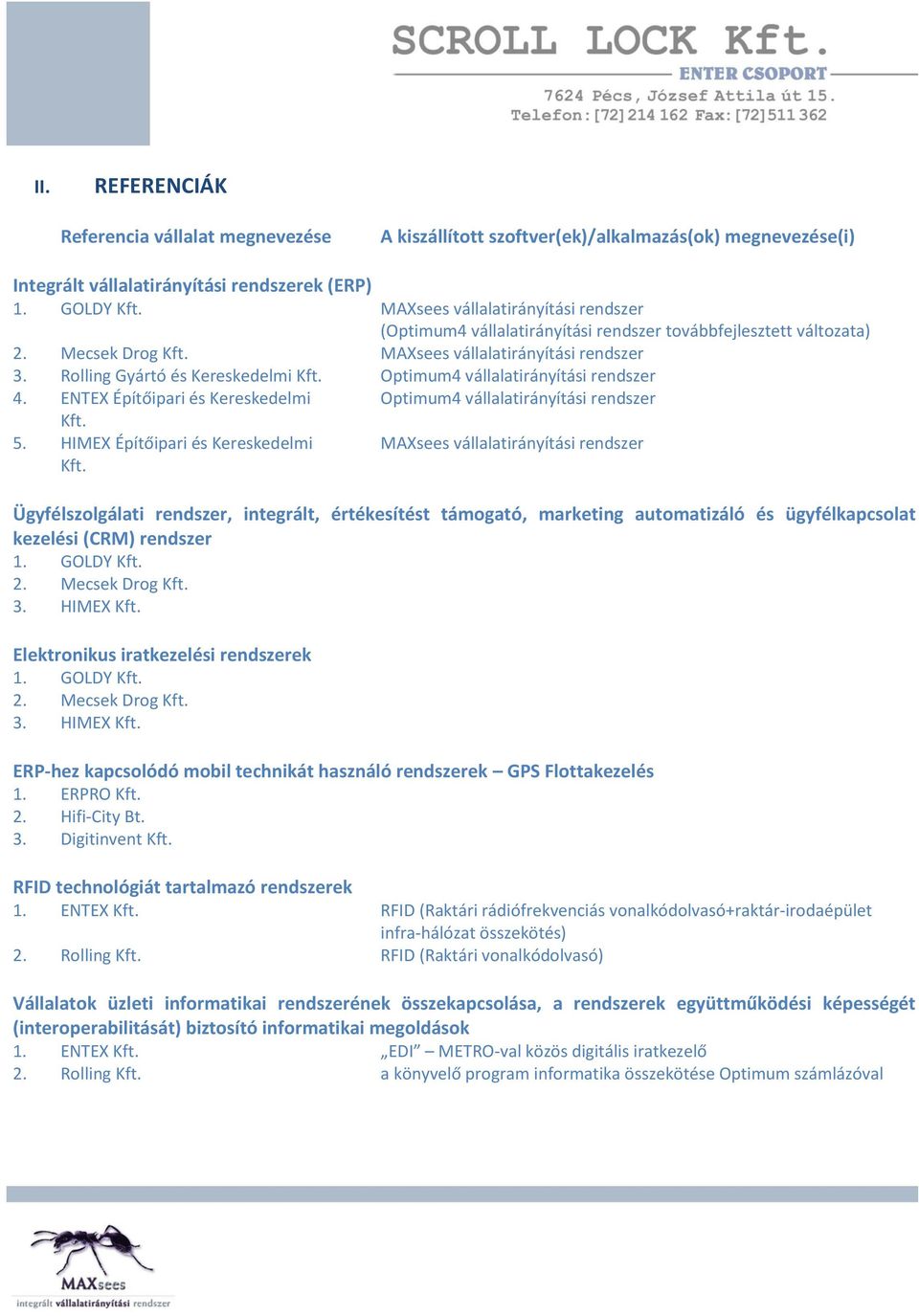 Optimum4 vállalatirányítási rendszer 4. ENTEX Építőipari és Kereskedelmi Optimum4 vállalatirányítási rendszer Kft. 5. HIMEX Építőipari és Kereskedelmi Kft.