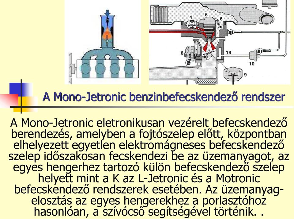 üzemanyagot, az egyes hengerhez tartozó külön befecskendező szelep helyett mint a K az L-Jetronic és a Motronic